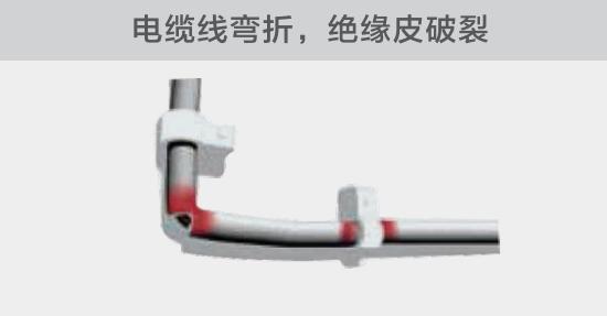 在安裝過程中，由于電線的彎曲半徑過小，或是線夾過緊，導致線纜絕緣皮破裂，產生電弧隱患